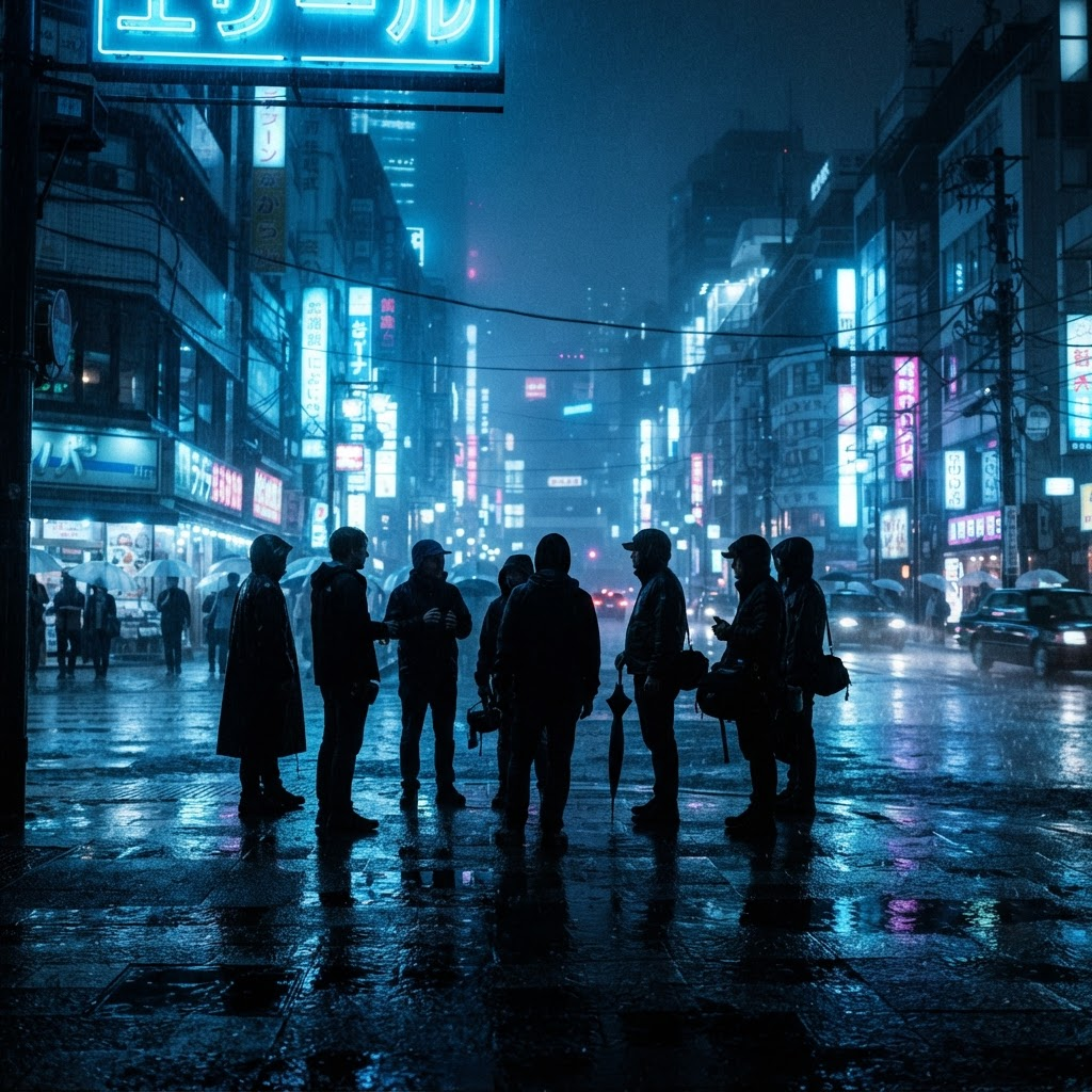اعضای گنگ Euphoria زیر نور نئون آبی شهر